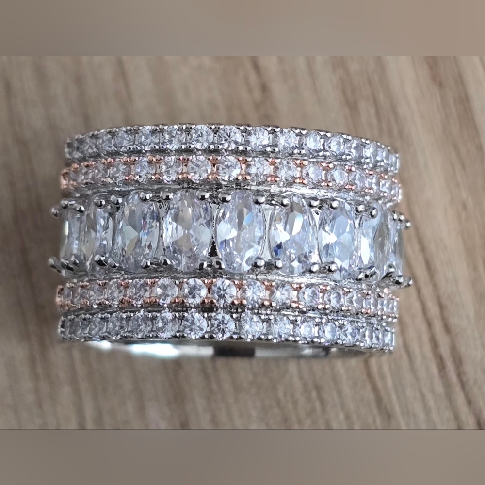 Hint of Rose Gold Silver Overlay Ring w/ Sparkling CZs